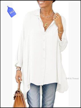 Oversized Button Down Long Sleeve Blouse Loose Flowy V Neck Tunic Top